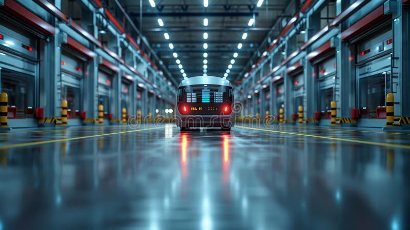 Futuristic Automated Vehicle in High-Tech Warehouse - Generative AI royalty free illustration