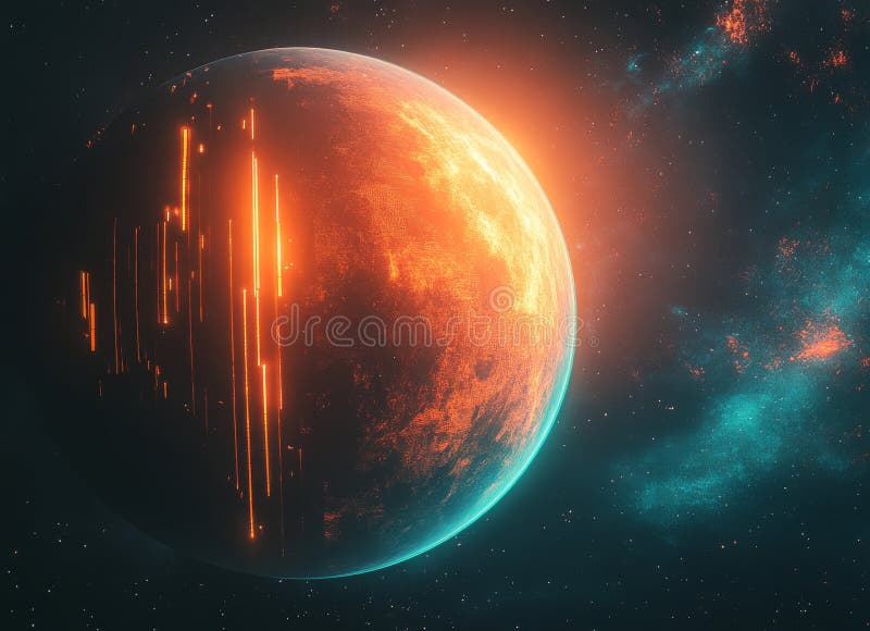 The image features a glowing, futuristic globe with an intricate network of orange and blue lines and rings, all royalty free stock photos