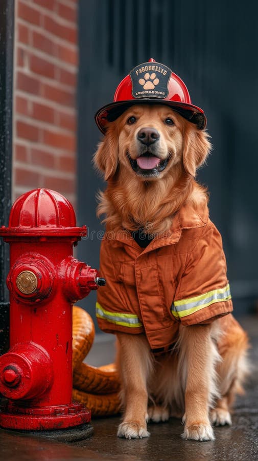 A Golden Retriever Dressed As a Firefighter Poses Proudly Next To a Red