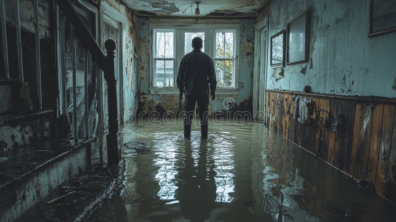 Silhouetted Figure in a Flooded Hallway royalty free illustration