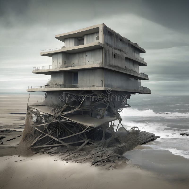 A large dilapidated building suffering from coastal erosion. stock photo
