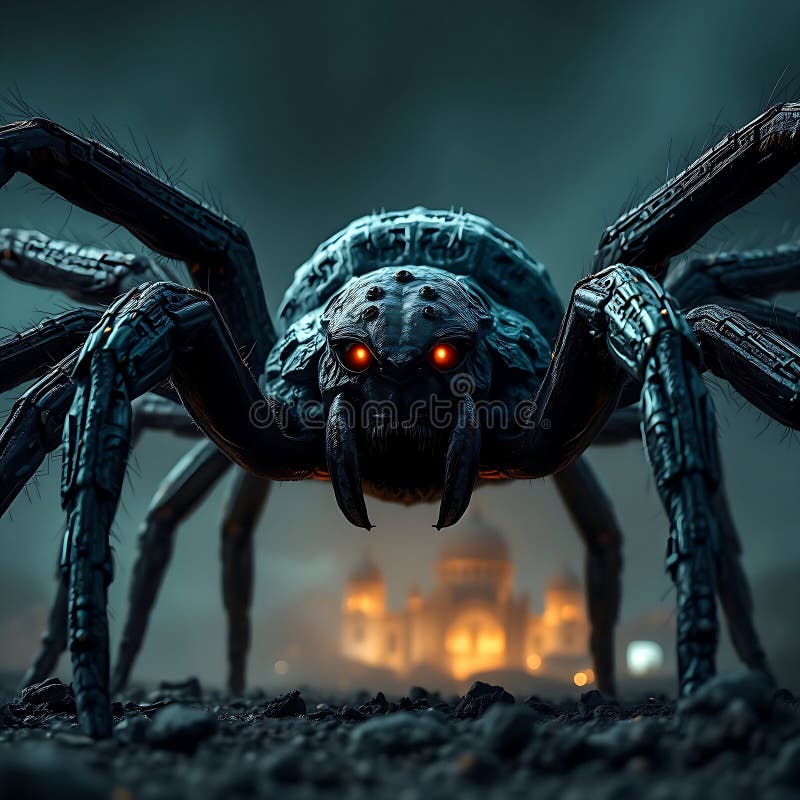 The image features a large, menacing mechanical spider positioned prominently in the foreground. stock illustration