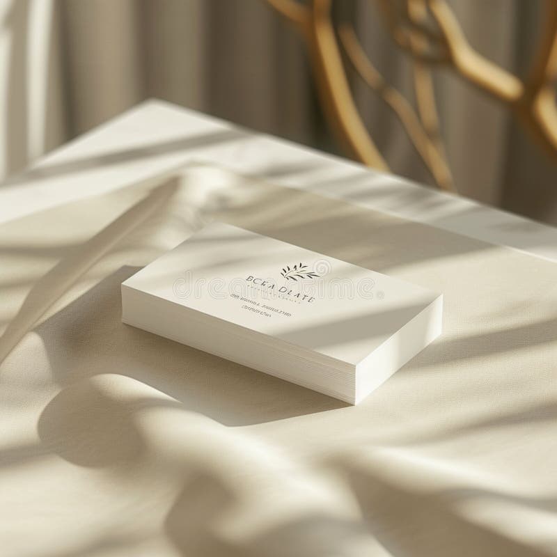 Elegant white business card on a soft, textured surface with natural light. stock illustration