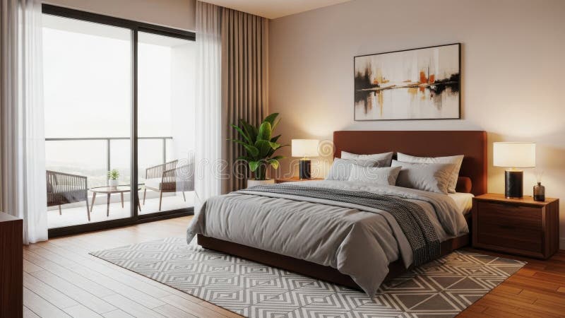 Modern bedroom interior with balcony view isolated on white background vector illustration