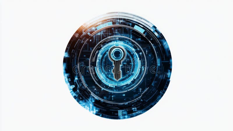 A digital key symbol within a futuristic design. This image embodies technology and security measures. Ideal for representing stock photos