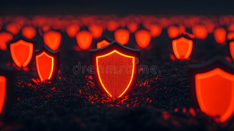 A Vibrant Showcase of Digital Security: Red Shields Emerging from a Mysterious Dark Landscape vector illustration