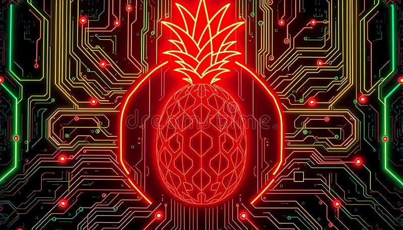 Glowing pineapple illustration with circuit board background in red orange vector illustration