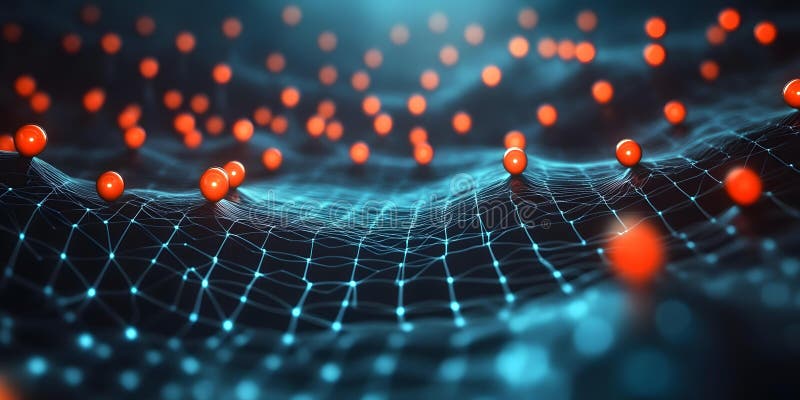 Futuristic three-dimensional network structure. The image features a network of interconnected lines and dots, creating a three-dimensional grid-like structure. The lines are thin and appear to be floating in space, while the dots are larger and are scattered throughout the image. The dots are colored in shades of red and orange, while the lines are a darker blue. The overall effect is a futuristic and technological feel. - This image was created using AI, Midjourney 6 to be specifc.