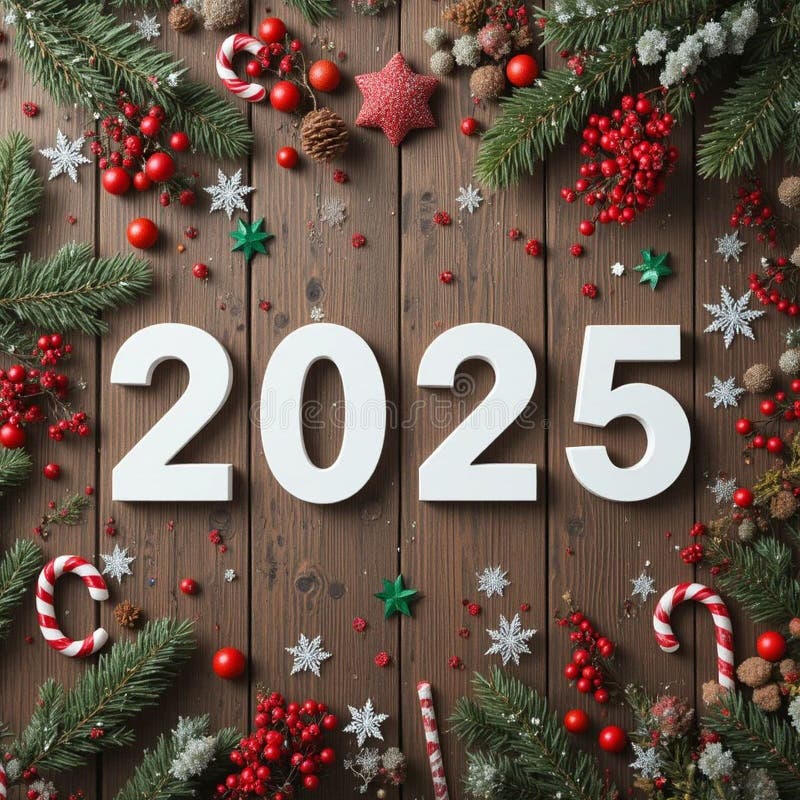 The image features the numbers \'2025\' in large white lettering on a wooden background stock illustration