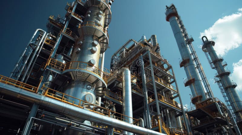 Industrial landscape of petroleum refinery plant with clear blue sky background vector illustration