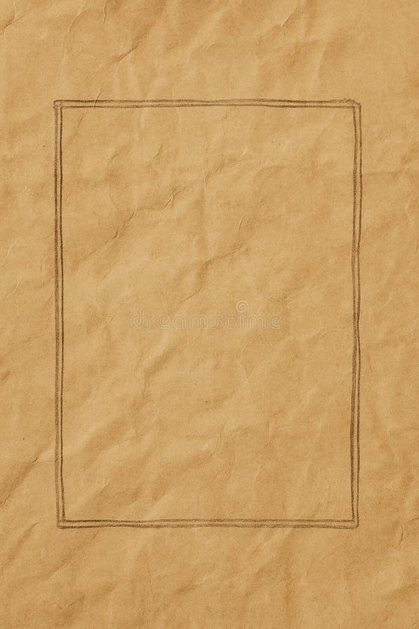 This image features a rectangular, hand-drawn pencil frame on a slightly yellowed and crumpled piece of vintage kraft paper. stock illustration