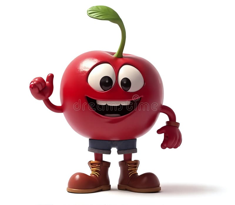 A cheerful, anthropomorphic red apple character with a smiling face, large eyes, and a thumbs-up gesture stock illustration