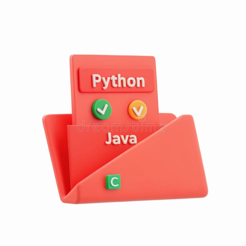 Red Folder with Python Java C Programming Icons and Checkmarks for Coding Projects and Development vector illustration