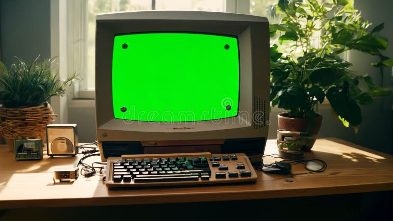 Retro Computer Monitor with Green Screen in Sunlit Room. Generative ai vector illustration