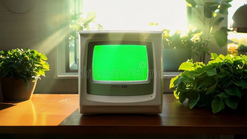 Retro Computer Monitor with Green Screen in Sunlit Room. Generative ai vector illustration