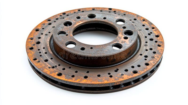 A detailed view of a rusty brake disc showcasing its intricate design. This image highlights the wear and tear common in royalty free stock photo