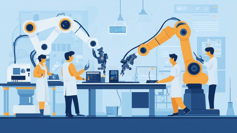 Advanced Robotics And Scientists Collaborating In An Automated Lab stock illustration