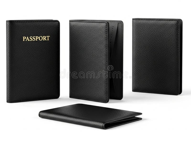 Black leather passport holder set isolated on white background vector illustration