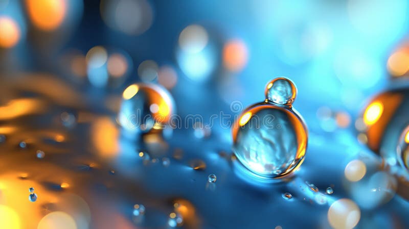 The image features several spherical water droplets resting on a reflective royalty free stock image
