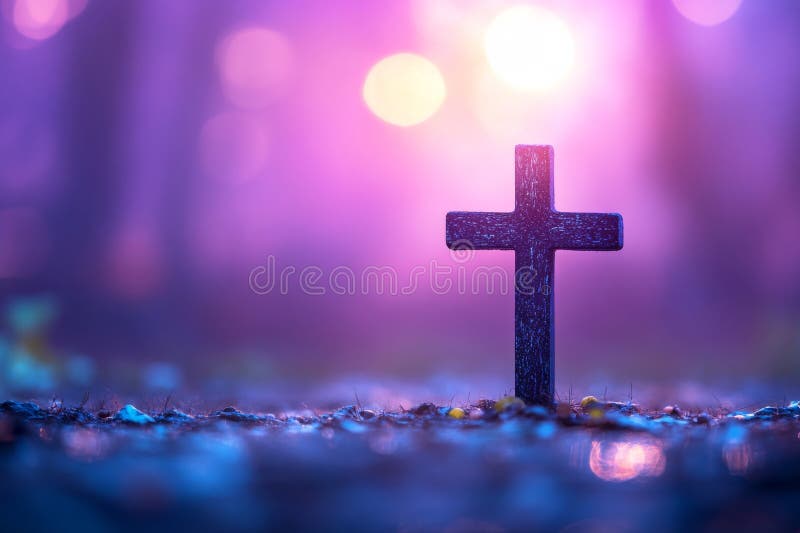 The image features a simple wooden cross on a vibrant purple background royalty free stock photography