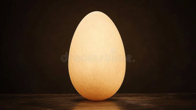 A single, large, white egg sits on a dark surface. stock photo