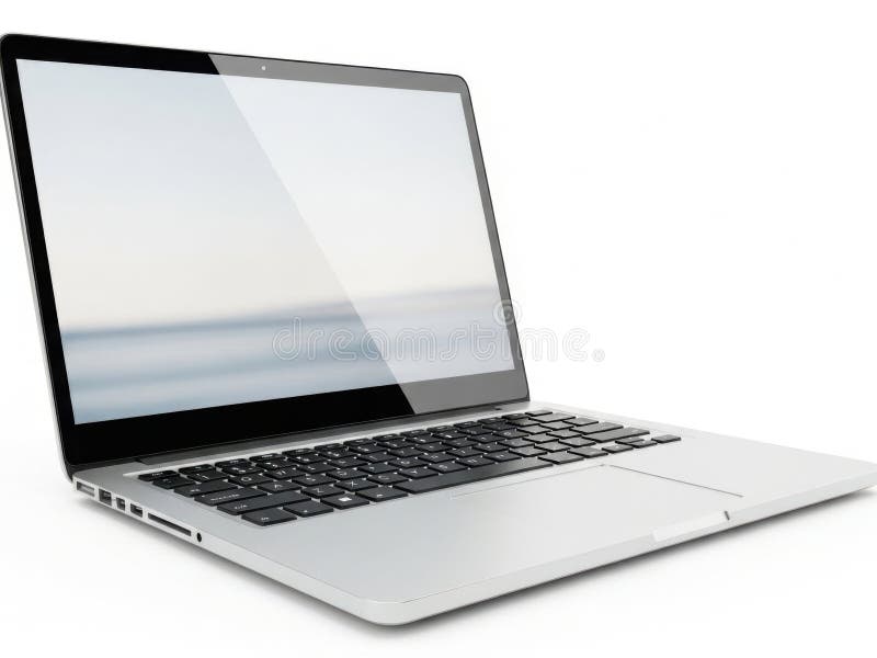 This image features a sleek, modern laptop with a reflective screen, set against a clean white background. The laptop has a silver body and a black keyboard, positioned at an angle to display its side profile. The minimalistic setting highlights the laptop's design and functionality, making it the focal point of the image. Laptop side angle illustrations