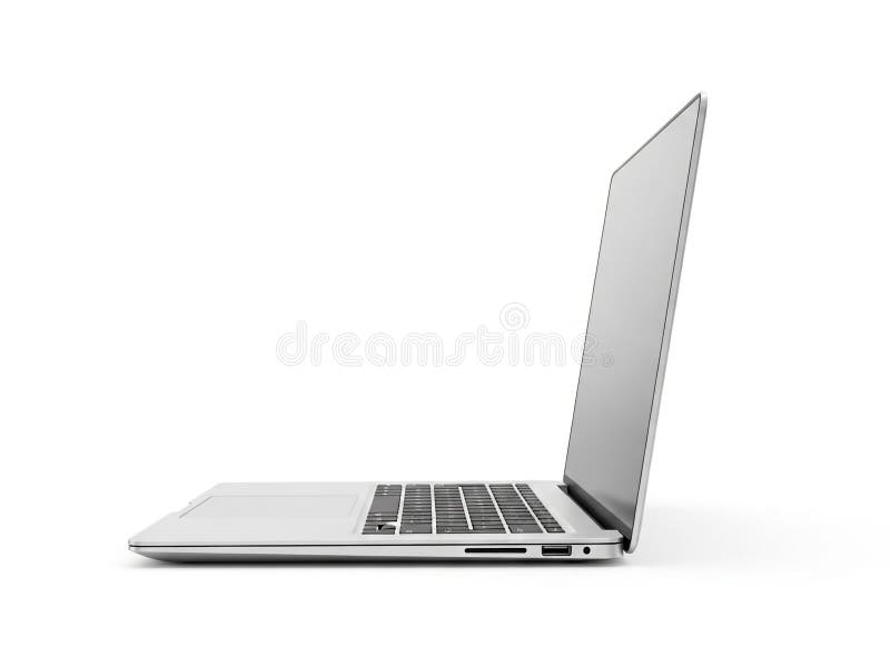 This image features a sleek, modern laptop with a silver finish. The laptop is shown from a side angle, displaying its thin profile and keyboard. The screen is open, revealing the keyboard and touchpad. The laptop appears to be a high-end model, possibly used for professional or personal tasks. Laptop side angle illustrations