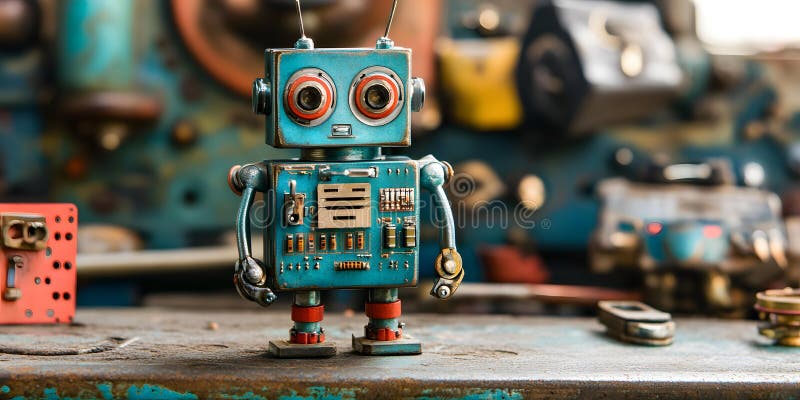 Small Blue Robot Among Mechanical Objects stock illustration