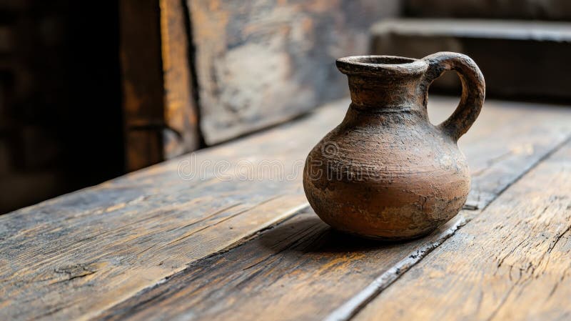 A small clay pitcher with a handle sits on a wooden table. stock images