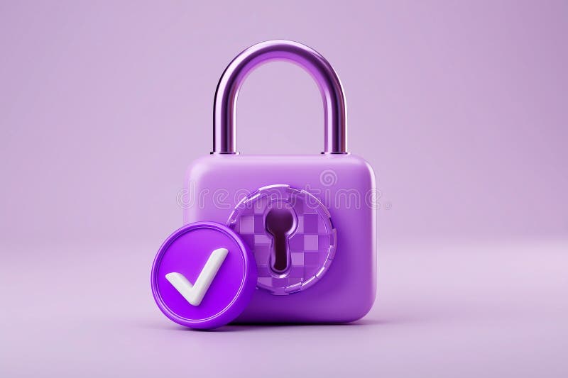 A purple padlock with a white checkmark against a purple background signifies security and confirmation in a modern, minimalist vector illustration