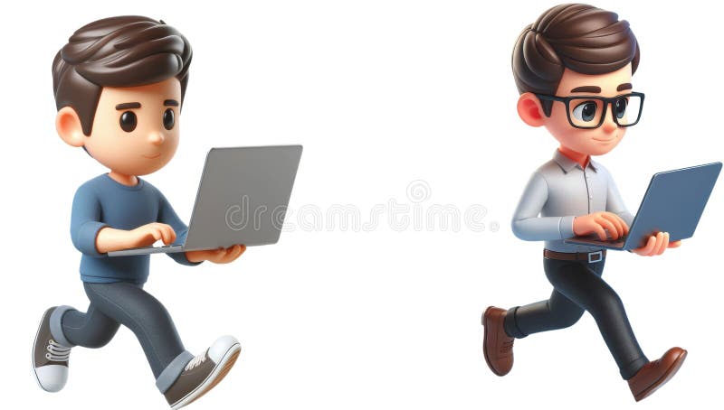 Two Cartoon Characters Running While Using Laptops Isolated on Transparent and White Background vector illustration