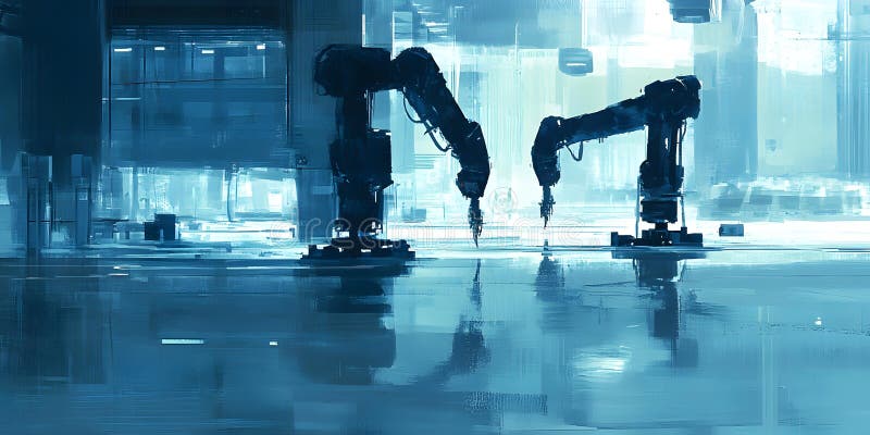 Futuristic robotic arms in industrial setting royalty free illustration