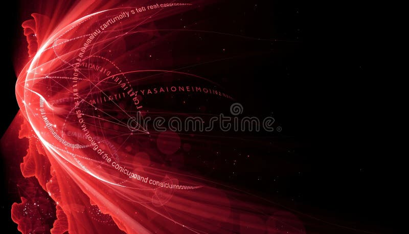 Abstract Digital Red Stream. The image features a vibrant and dynamic abstract design with a dominant red hue. Swirling lines and digital text create an impression of movement and energy, suggesting concepts of communication and data flow. The left side shows intricate red shapes that resemble organic forms, contrasting with the sleek lines and text that flow towards the right into a black void. Thin threads intersect, forming a web-like network that adds a layer of complexity. A series of small dots scattered throughout give the image a sense of depth and a starry, cosmic feel. Overall, the composition suggests themes of technology, connectivity, and the digital universe. AI generated