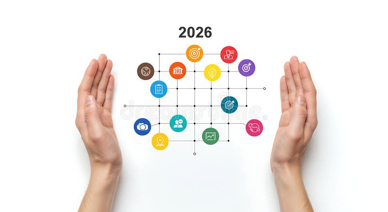 Hands protect the 2026 business strategy network vector illustration
