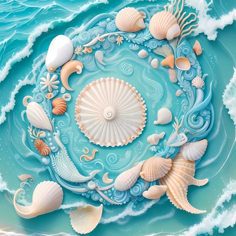 Seashell Circles and Umbrella-Shaped Shell: Tranquil Tropical Scene with Waves and Sunlight