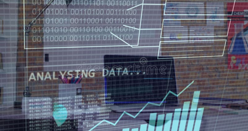 Image of financial data processing and binary coding over laptop on desk stock images