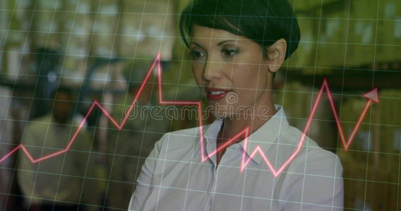 Image of financial data processing and biracial female worker in warehouse stock image