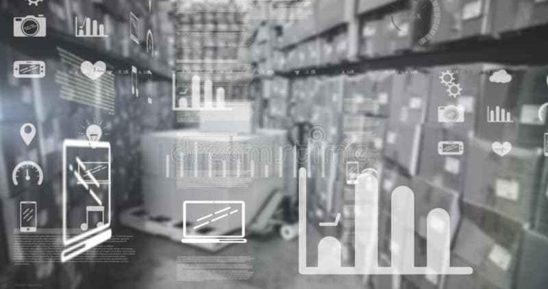 Image of financial data processing with digital icons over warehouse in background vector illustration