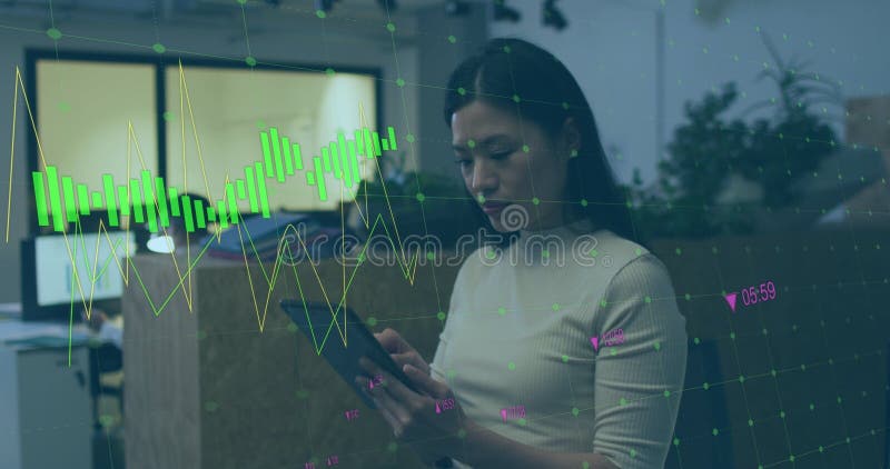 Image of financial data processing over biracial businesswoman vector illustration
