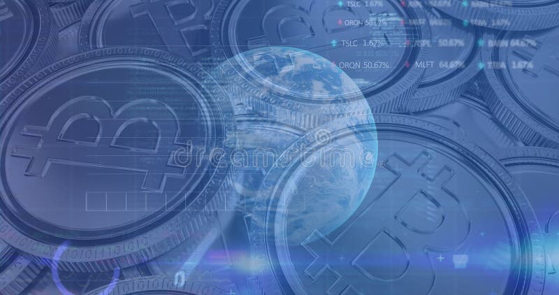 Image of financial data processing over bitcoins and globe stock illustration