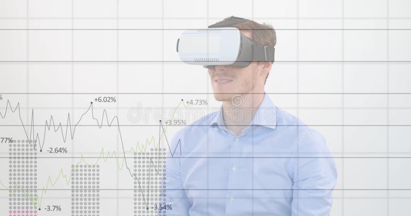 Image of financial data processing over businessman using vr headset stock photography