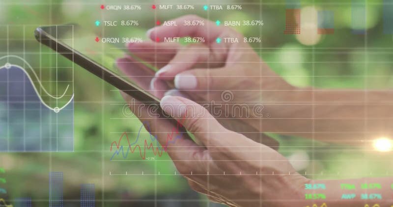 Image of financial data processing over caucasian woman using tablet and grid vector illustration