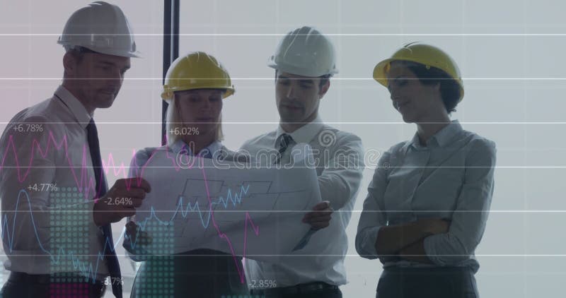 Image of financial data processing over diverse architects with plans in office stock image