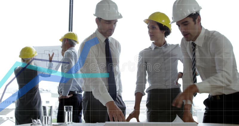 Image of financial data processing over diverse architects with plans in office royalty free stock image