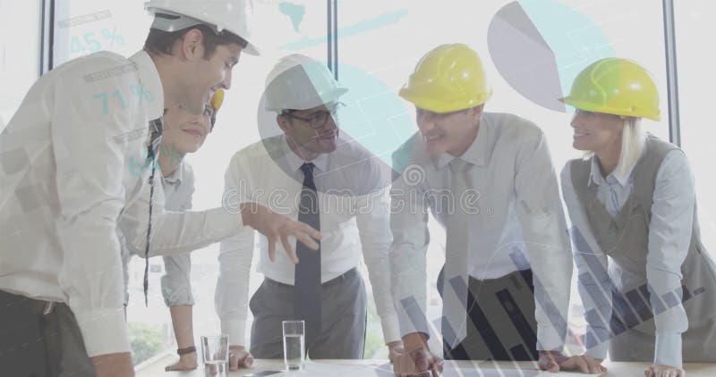 Image of financial data processing over diverse architects with plans in office stock photos