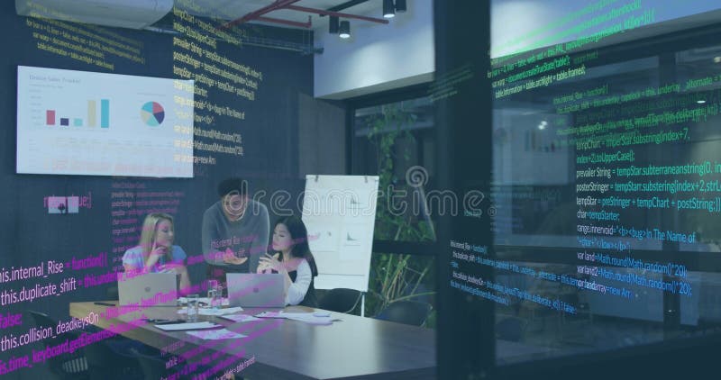 Image of financial data processing over diverse business people in office royalty free stock photos