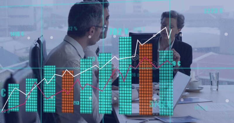 Image of financial data processing over diverse business people in office royalty free stock images