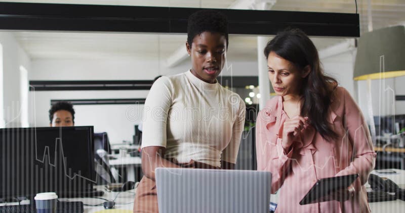 Image of financial data processing over diverse business people in office royalty free stock images