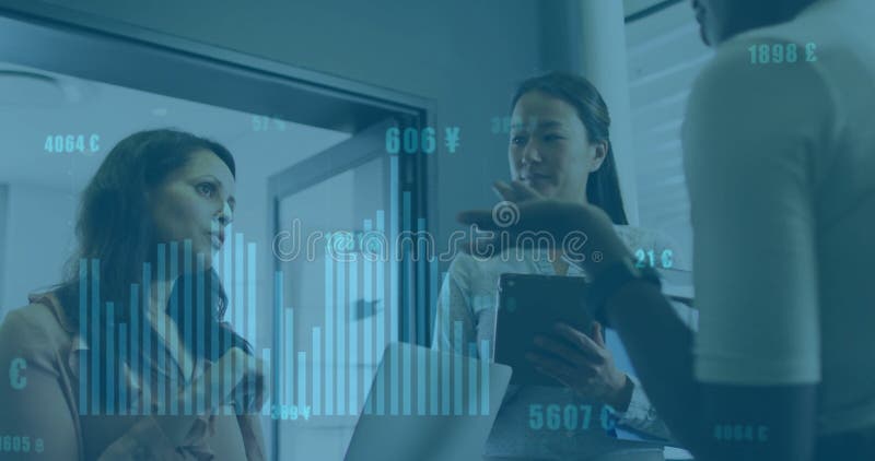 Image of financial data processing over diverse business people in office royalty free stock images