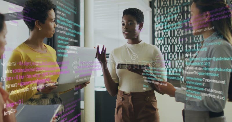 Image of financial data processing over diverse business people in office stock photos